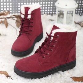 Women's Solid Color Platform Boots, Lace Up Velvet Warm Fluffy Non-slip Round Toe Outdoor Shoes, Winter Snow Boots