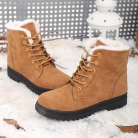 Women's Solid Color Platform Boots, Lace Up Velvet Warm Fluffy Non-slip Round Toe Outdoor Shoes, Winter Snow Boots