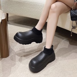 Women's Fashion Sock Boots,  Waterproof Solid Color Round Toe Platform Boots, Comfy Warm Slip On Ankle Boots