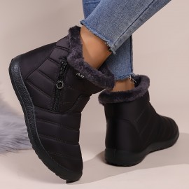 Women's Fashion Solid Color Snow Boots, Casual Plush Lined Side Zipper Waterproof Platform Shoes, Winter Warm Boots