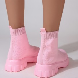 Women's Pink Sock Boots, Round Toe Knitted Slip On Platform Ankle Boots, Comfortable Chunky Short Boots