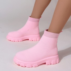 Women's Pink Sock Boots, Round Toe Knitted Slip On Platform Ankle Boots, Comfortable Chunky Short Boots