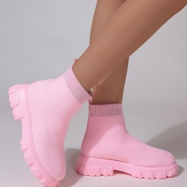 Women's Pink Sock Boots, Round Toe Knitted Slip On Platform Ankle Boots, Comfortable Chunky Short Boots