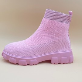 Women's Pink Sock Boots, Round Toe Knitted Slip On Platform Ankle Boots, Comfortable Chunky Short Boots