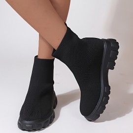 Women's Pink Sock Boots, Round Toe Knitted Slip On Platform Ankle Boots, Comfortable Chunky Short Boots