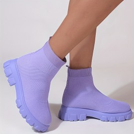 Women's Pink Sock Boots, Round Toe Knitted Slip On Platform Ankle Boots, Comfortable Chunky Short Boots