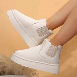 Women's Solid Color Platform Short Boots, Casual Slip On Plush Lined Shoes, Comfortable Ankle Boots