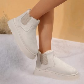 Women's Solid Color Platform Short Boots, Casual Slip On Plush Lined Shoes, Comfortable Ankle Boots