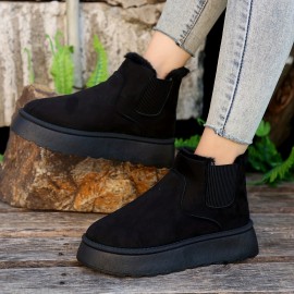 Women's Solid Color Platform Short Boots, Casual Slip On Plush Lined Shoes, Comfortable Ankle Boots