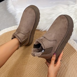 Women's Solid Color Platform Short Boots, Casual Slip On Plush Lined Shoes, Comfortable Ankle Boots