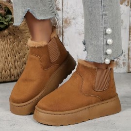 Women's Solid Color Platform Short Boots, Casual Slip On Plush Lined Shoes, Comfortable Ankle Boots