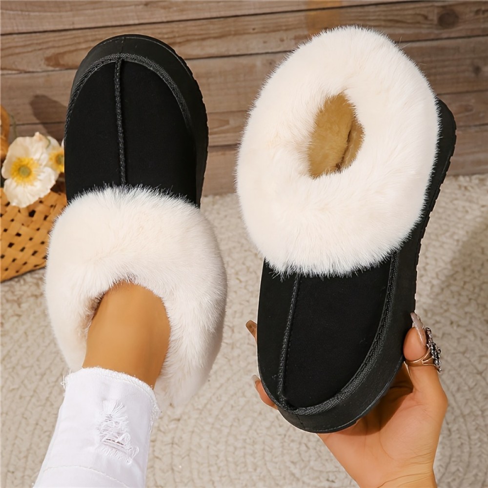 Women's Fluffy Furry Snow Boots, Thermal Plush Lined Platform Slippers, Winter Cozy Warm Ankle Boots