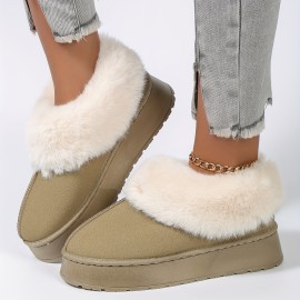 Women's Solid Color Platform Snow Boots, Casual Slip On Plush Lined Boots, Comfortable Winter Boots