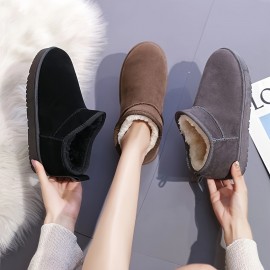 Women's Solid Color Platform Snow Boots, Casual Slip On Plush Lined Boots, Comfortable Ankle Boots