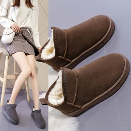 Women's Solid Color Platform Snow Boots, Casual Slip On Plush Lined Boots, Comfortable Ankle Boots