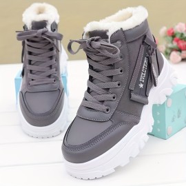 Women's Platform Short Boots, Casual Lace Up Plush Lined Winter Boots, Women's Comfortable Ankle Boots