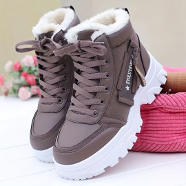 Women's Platform Short Boots, Casual Lace Up Plush Lined Winter Boots, Women's Comfortable Ankle Boots