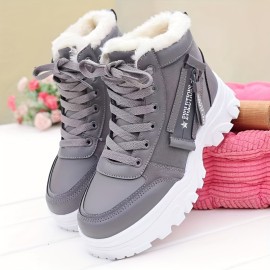 Women's Platform Short Boots, Casual Lace Up Plush Lined Winter Boots, Women's Comfortable Ankle Boots