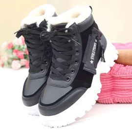 Women's Platform Short Boots, Casual Lace Up Plush Lined Winter Boots, Women's Comfortable Ankle Boots