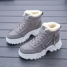 Women's Platform Short Boots, Casual Lace Up Plush Lined Winter Boots, Women's Comfortable Ankle Boots