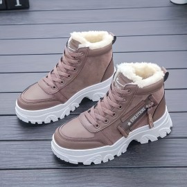 Women's Platform Short Boots, Casual Lace Up Plush Lined Winter Boots, Women's Comfortable Ankle Boots