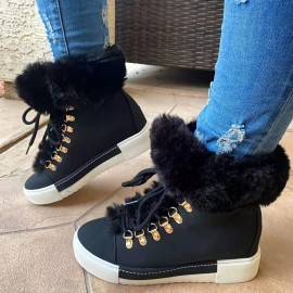 Women's Platform Fleece Liner Ankle Boots, Thermal Solid Color Lace Up Faux Leather Shoes, Women's Footwear