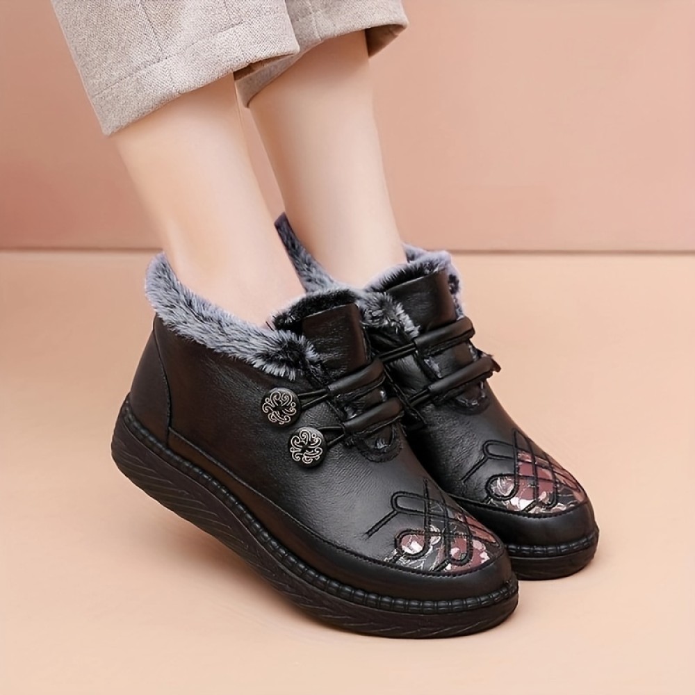 Women's Fleece Lining Winter Boots, Buckle Decor Non-slip Platform Fluffy Shoes, Plush Snow Soft Sole Comfy Shoes