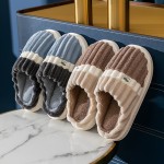 Men's Striped Memory Foam Warm Plush Cozy Non-slip Slippers Couples Slides, Winter