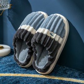 Men's Striped Memory Foam Warm Plush Cozy Non-slip Slippers Couples Slides, Winter