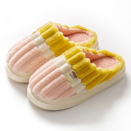 Men's Striped Memory Foam Warm Plush Cozy Non-slip Slippers Couples Slides, Winter