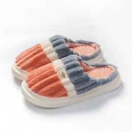 Men's Striped Memory Foam Warm Plush Cozy Non-slip Slippers Couples Slides, Winter