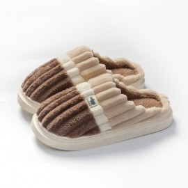 Men's Striped Memory Foam Warm Plush Cozy Non-slip Slippers Couples Slides, Winter