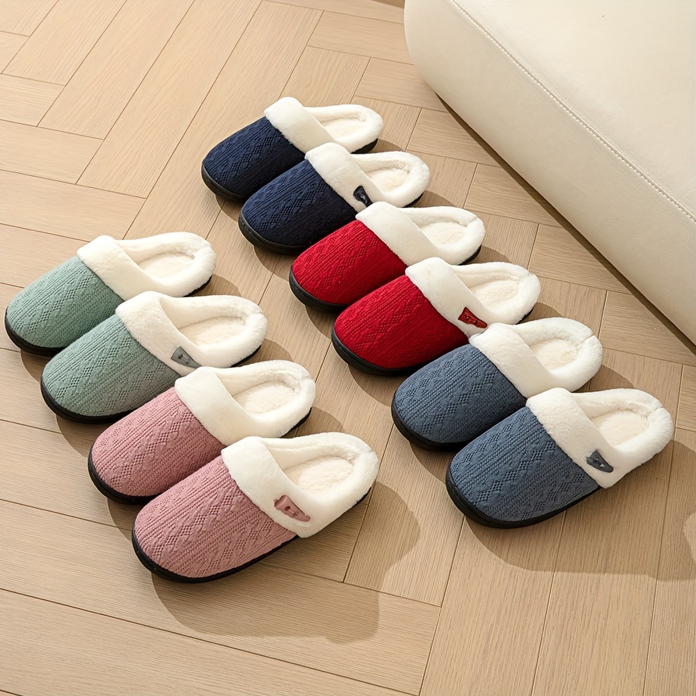 Knit Design Soft Plush Cozy House Slippers Anti-skid Slip-on Shoes Indoor For Men Winter Shoes