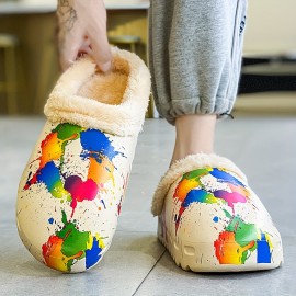 Splashed Paint Print Cozy Waterproof House Slippers Anti-skid Slip-on Shoes Indoor For Men Winter Shoes Fuzz-lined Clogs