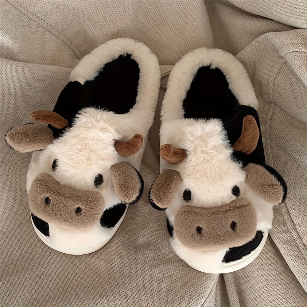 Men's Casual Cartoon Cow Design Warm Furry Plush Lining Slip On Slides, Comfortable Soft Sole Non-slip Open Back House Slippers For Indoor