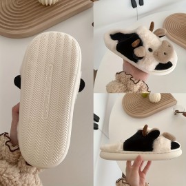 Men's Casual Cartoon Cow Design Warm Furry Plush Lining Slip On Slides, Comfortable Soft Sole Non-slip Open Back House Slippers For Indoor