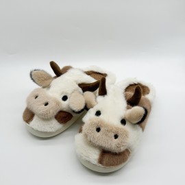 Men's Casual Cartoon Cow Design Warm Furry Plush Lining Slip On Slides, Comfortable Soft Sole Non-slip Open Back House Slippers For Indoor