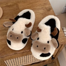 Men's Casual Cartoon Cow Design Warm Furry Plush Lining Slip On Slides, Comfortable Soft Sole Non-slip Open Back House Slippers For Indoor