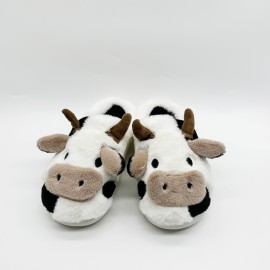 Men's Casual Cartoon Cow Design Warm Furry Plush Lining Slip On Slides, Comfortable Soft Sole Non-slip Open Back House Slippers For Indoor