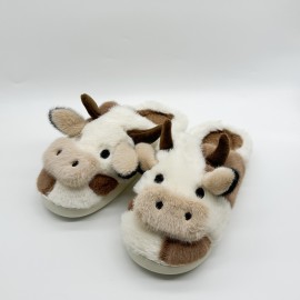 Men's Casual Cartoon Cow Design Warm Furry Plush Lining Slip On Slides, Comfortable Soft Sole Non-slip Open Back House Slippers For Indoor