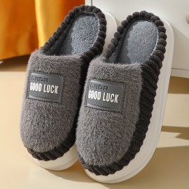 'Good Luck' Home Slippers Soft Plush Cozy House Slippers Anti-skid Slip-on Shoes Indoor For Men Winter Shoes