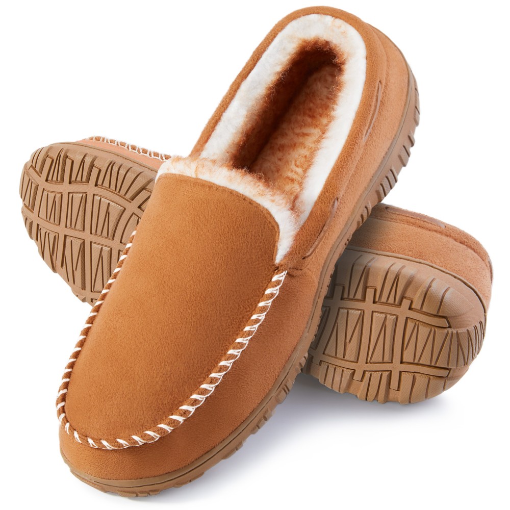 Men's  Plush Moccasins, Warm Memory Foam Slippers, Felted Plush Lined Slip On, Indoor Outdoor House Shoes For Winter