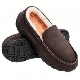 Men's  Plush Moccasins, Warm Memory Foam Slippers, Felted Plush Lined Slip On, Indoor Outdoor House Shoes For Winter