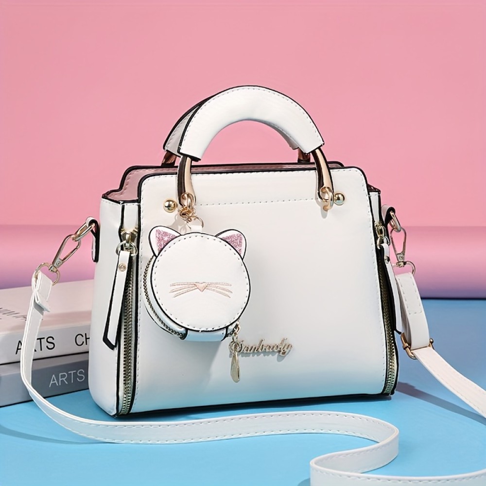 Cute Cat Design Handbags, Trendy PU Leather Crossbody Bag, Women's Shoulder Bag With Coin Purse