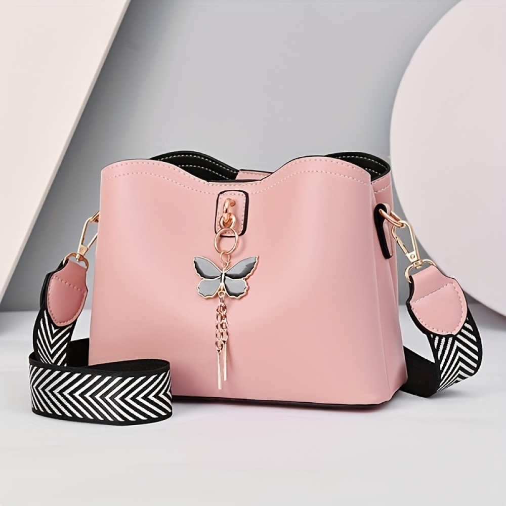 Stylish Crossbody Bag For Women, Wide Shoulder Strap Bucket Bag, Shoulder Purse With Butterfly Pendant