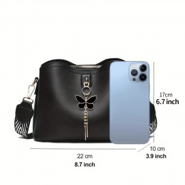 Stylish Crossbody Bag For Women, Wide Shoulder Strap Bucket Bag, Shoulder Purse With Butterfly Pendant