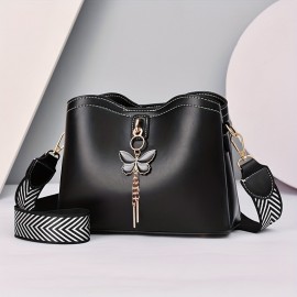 Stylish Crossbody Bag For Women, Wide Shoulder Strap Bucket Bag, Shoulder Purse With Butterfly Pendant