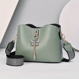 Stylish Crossbody Bag For Women, Wide Shoulder Strap Bucket Bag, Shoulder Purse With Butterfly Pendant