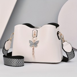 Stylish Crossbody Bag For Women, Wide Shoulder Strap Bucket Bag, Shoulder Purse With Butterfly Pendant