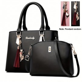 2Pcs Solid Color Bag Set, Women's Tassel Decor Handbags, Fashion Turn Lock Crossbody Bag